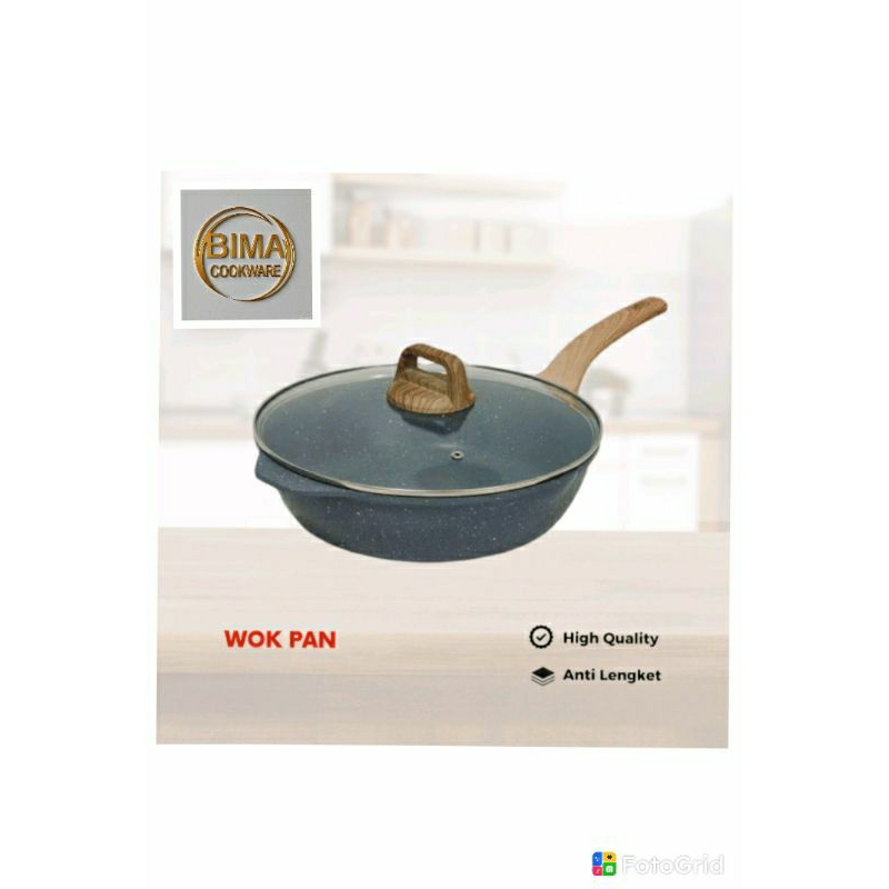 Wokpan granit panci keramik tutup kaca 30cm