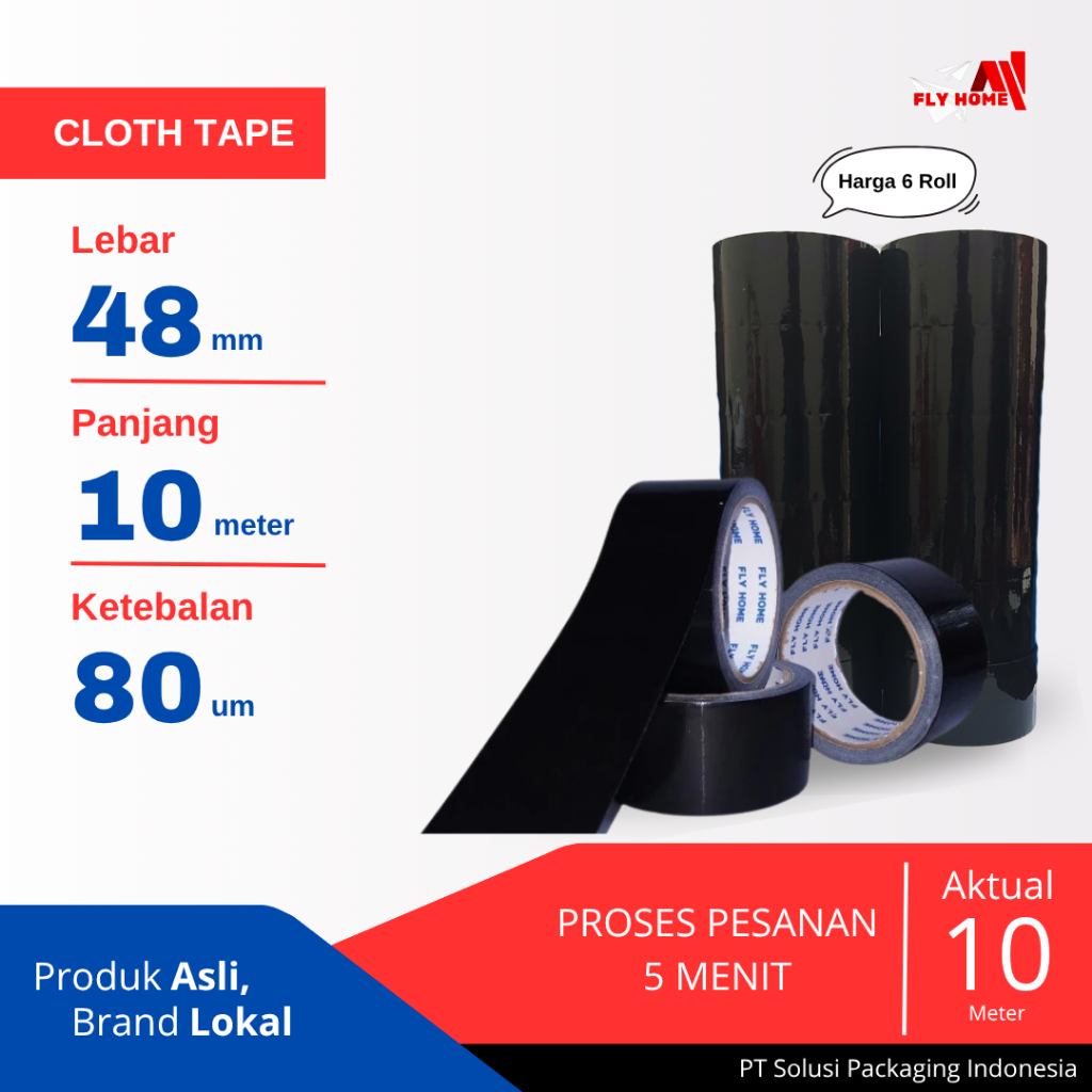 

FLYHOME Lakban jilid/kain hitam 10meter 6 roll 48mm x 10m cloth tape ukuran full