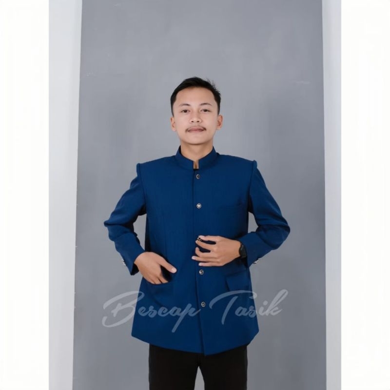 Bescap Jasko Navy blue Polos Model Saku Tutup Jas Atasan Muslim Pria Jas Koko Bescap Tasik Jas Koko 