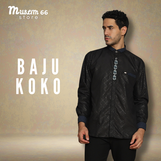 Baju Koko Baju Taqwa Pria Lengan Panjang Manset Warna Hitam Emboss Busana Muslim President -Muslim66