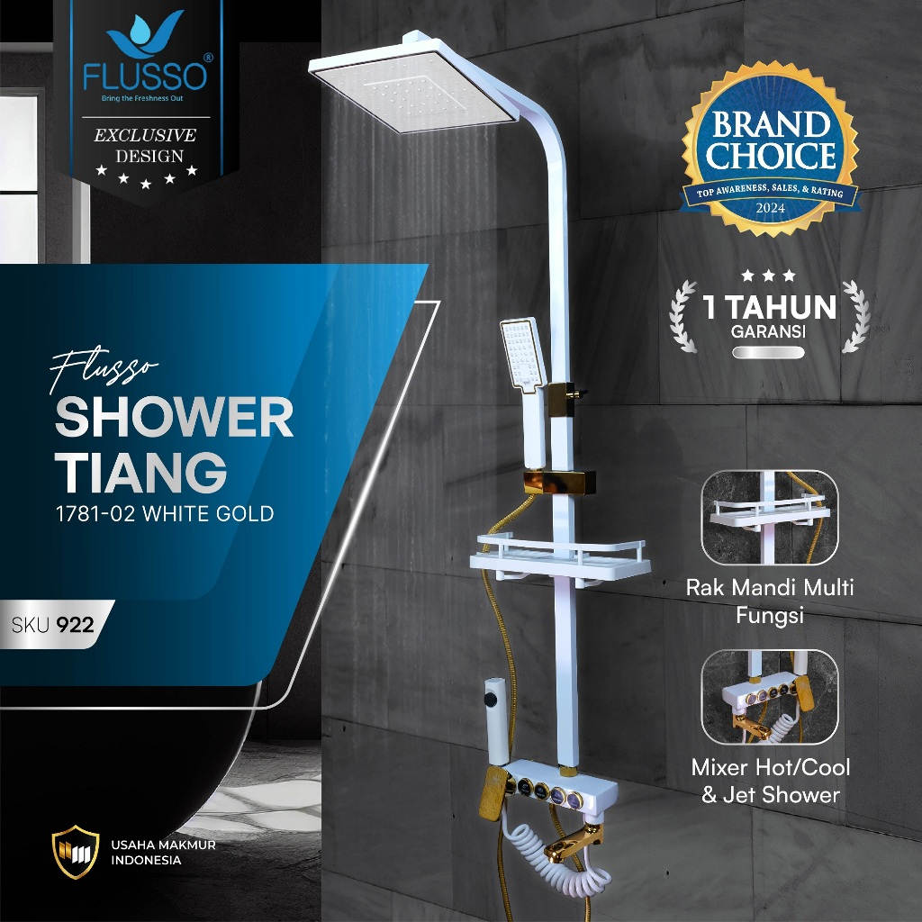 FLUSSO Shower Kamar Mandi Satu Set Mixer Panas Dingin Shower Tiang Stainless Steel Set Komplit