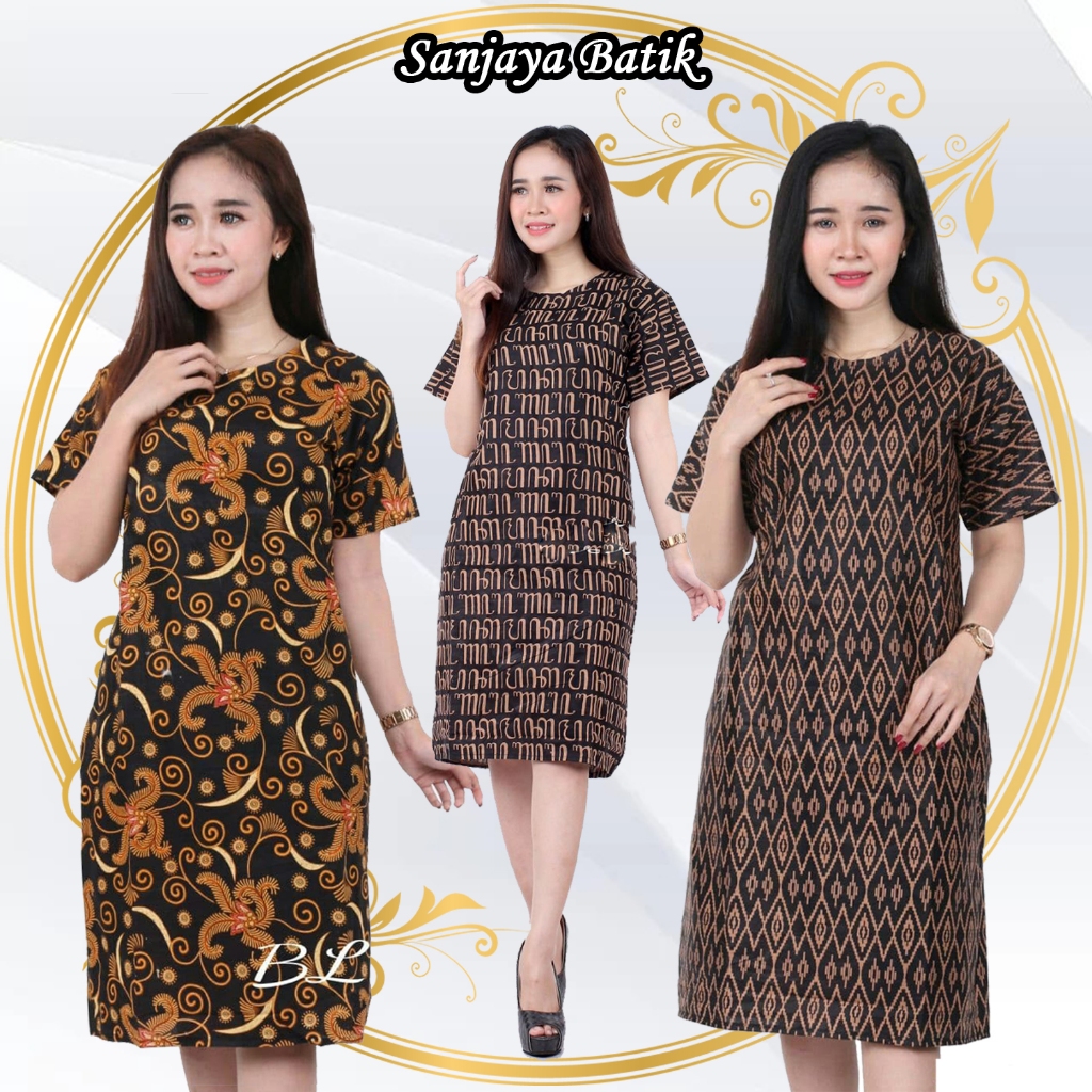Dress Batik Lengan Pendek Wanita Motif Salju coklat Aksara Wajik Ukuran M L XL XXL JUMBO