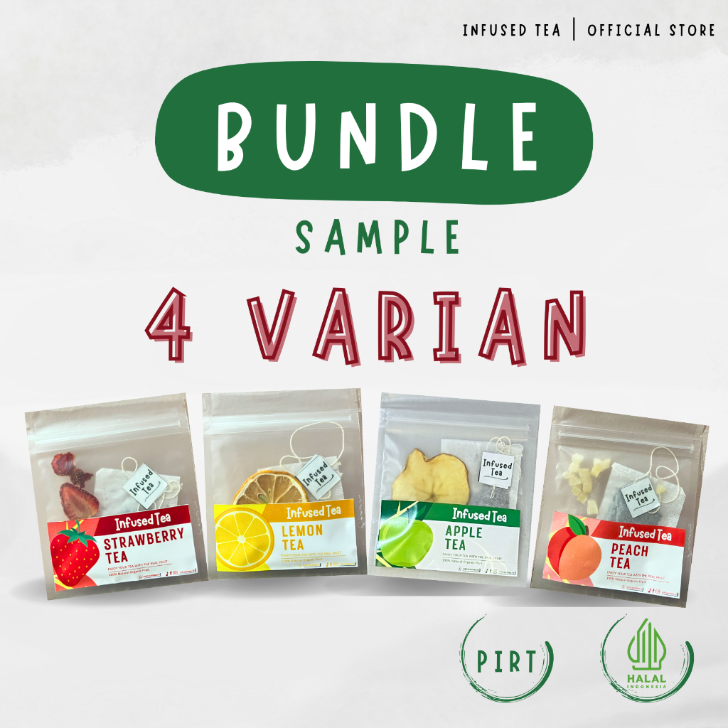 

[Infused Tea] BUNDLE isi 4 Sample Teh Buah Lemon, Peach, Strawberry, Apple + Buah Lemon, Peach, Strawberry, Apple Kering | Teh Herbal Segar & Sehat cocok untuk Diet & Detok Alami | (SAMPLE EDITION)
