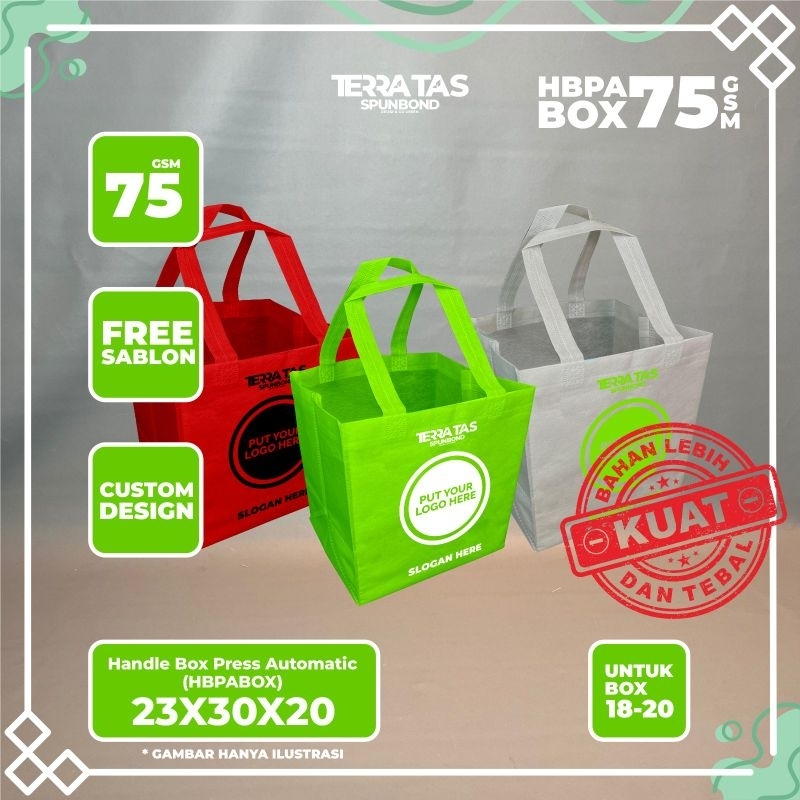 

Custom Sablon HBPA Box 75 GSM 23x30x20 Untuk Box 18-20 Tas Spunbond Souvenir Kotak Makan