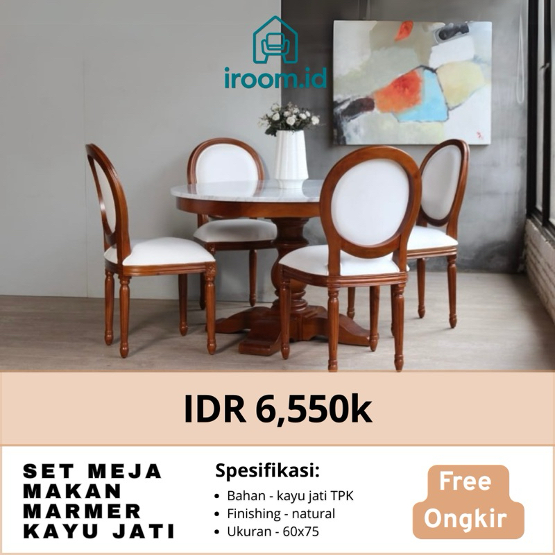 Set Meja Makan Bundar Mewah 4 Kursi – Kayu Jati Kombinasi Marmer Putih Elegan - kursi makan marmer