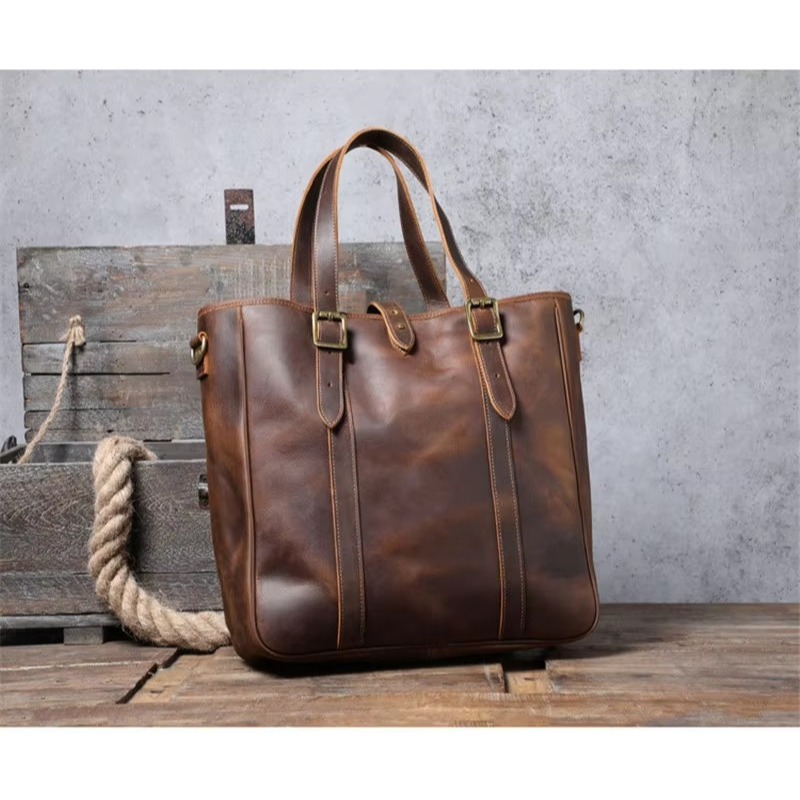 Tas Tote Pria Wanita Kapasitas Besar Vintage Tas Tangan Kerja Kulit Asli- Tas Kulit Asli Garut