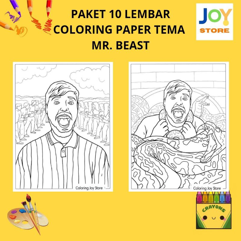 

PAKET 10 Lembar Kertas Gambar Mewarnai Tema Mr Beast Youtuber Ukuran A4 150 gsm - Coloring Paper 088