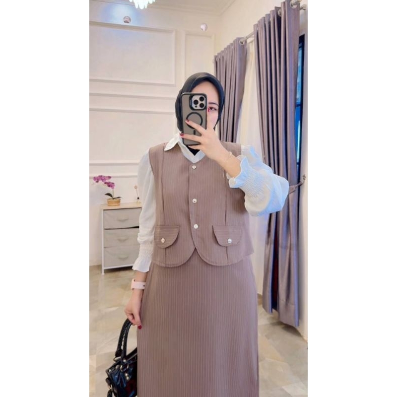 one set Tiara Andini 3in1 model Korean style motif salur bahan adem nyaman di pakai muslim, hijab fr