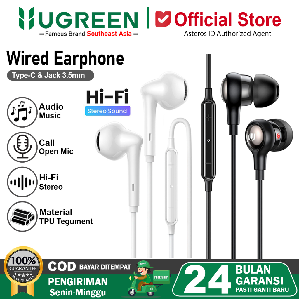 UGREEN Earphone Headset Handsfree iPhone Type C Jack 3.5mm Audio, Call, Open Mic