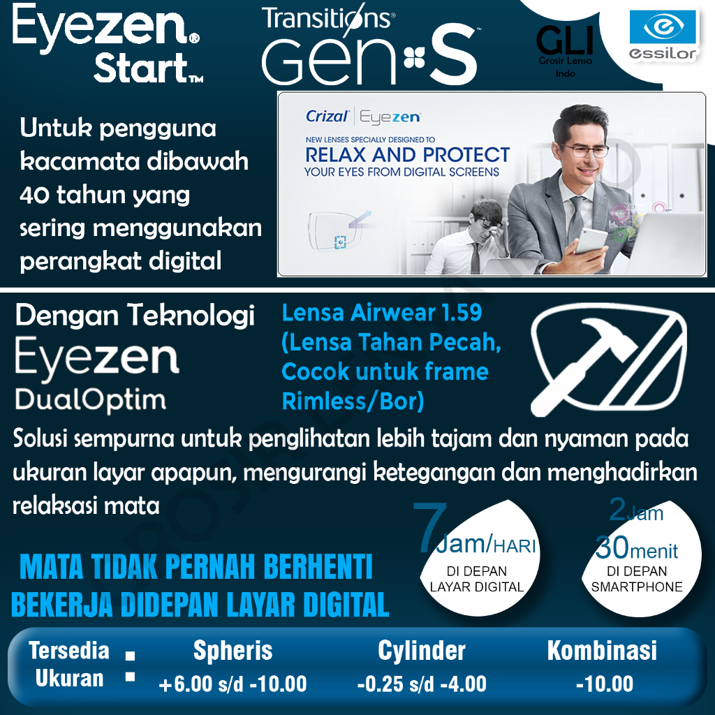 ESSILOR SV EYEZEN START AIRWEAR 1.59 TRANSITION GEN S GARANSI RESMI ESSILOR 2 TAHUN