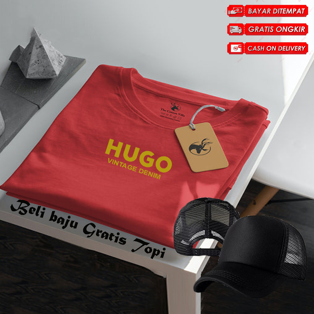 Bonus Topi Polos ... Baju Kaos Distro Logo Hugo Text Gold Lengan Pendek Premium Quality