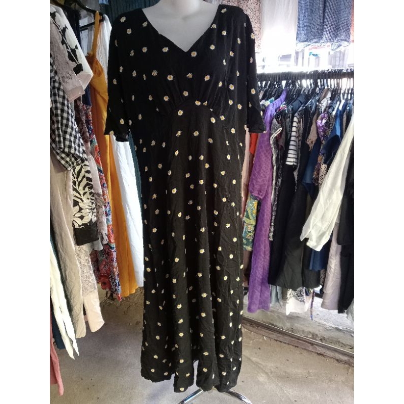 Dress Poly Korea  Hitam Motif Bunga