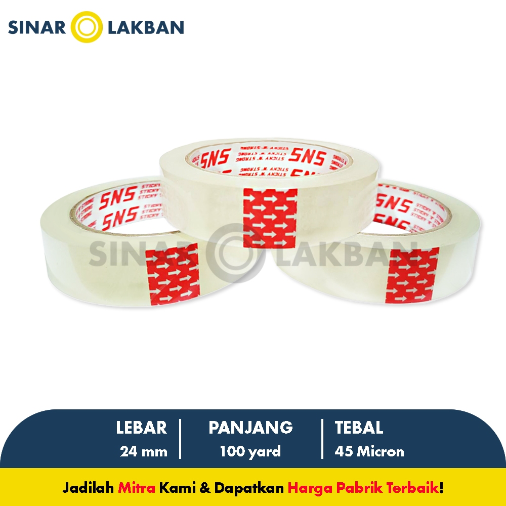 

Isolasi / Solatip Bening 24 Mm x 100 Yard x 45 Mic Sticky N Strong (SNS) SINAR LAKBAN