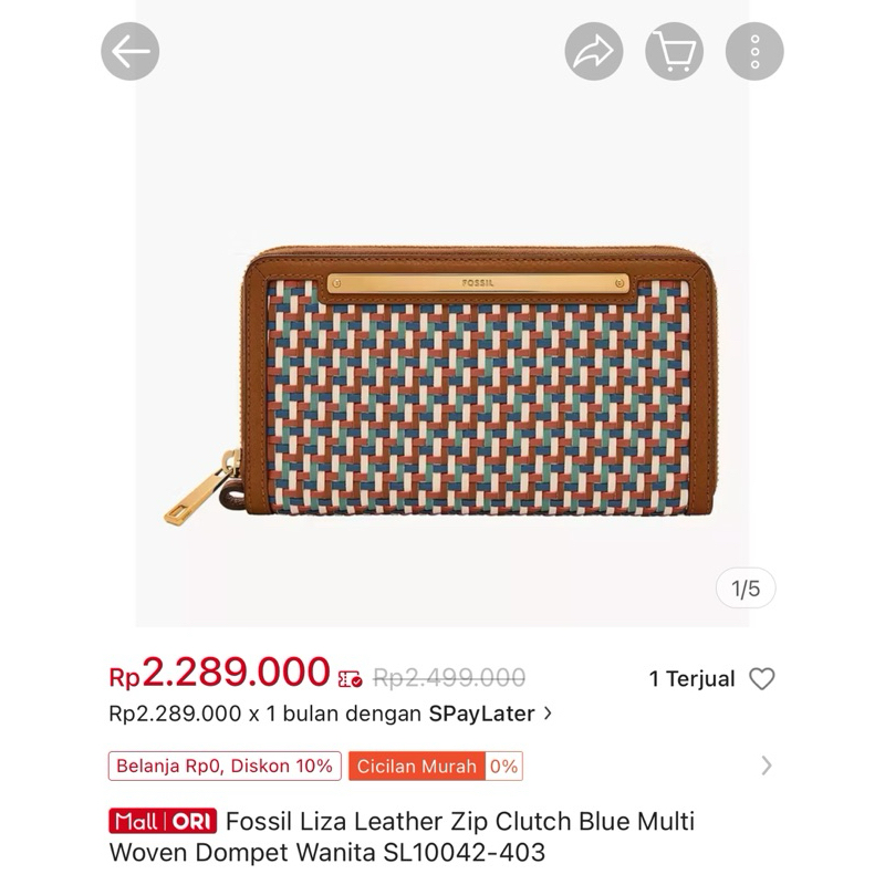 For Sale New Fossil Liza Leather Zip Clutch Blue Multi Woven Dompet Wanita