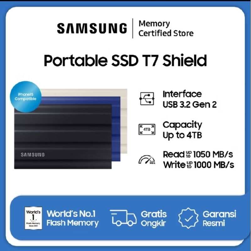Samsung Protable SSD T7 Shield USB 3.2 Gen 2 - SSD Eksternal - 1TB / 2TB / 4TB