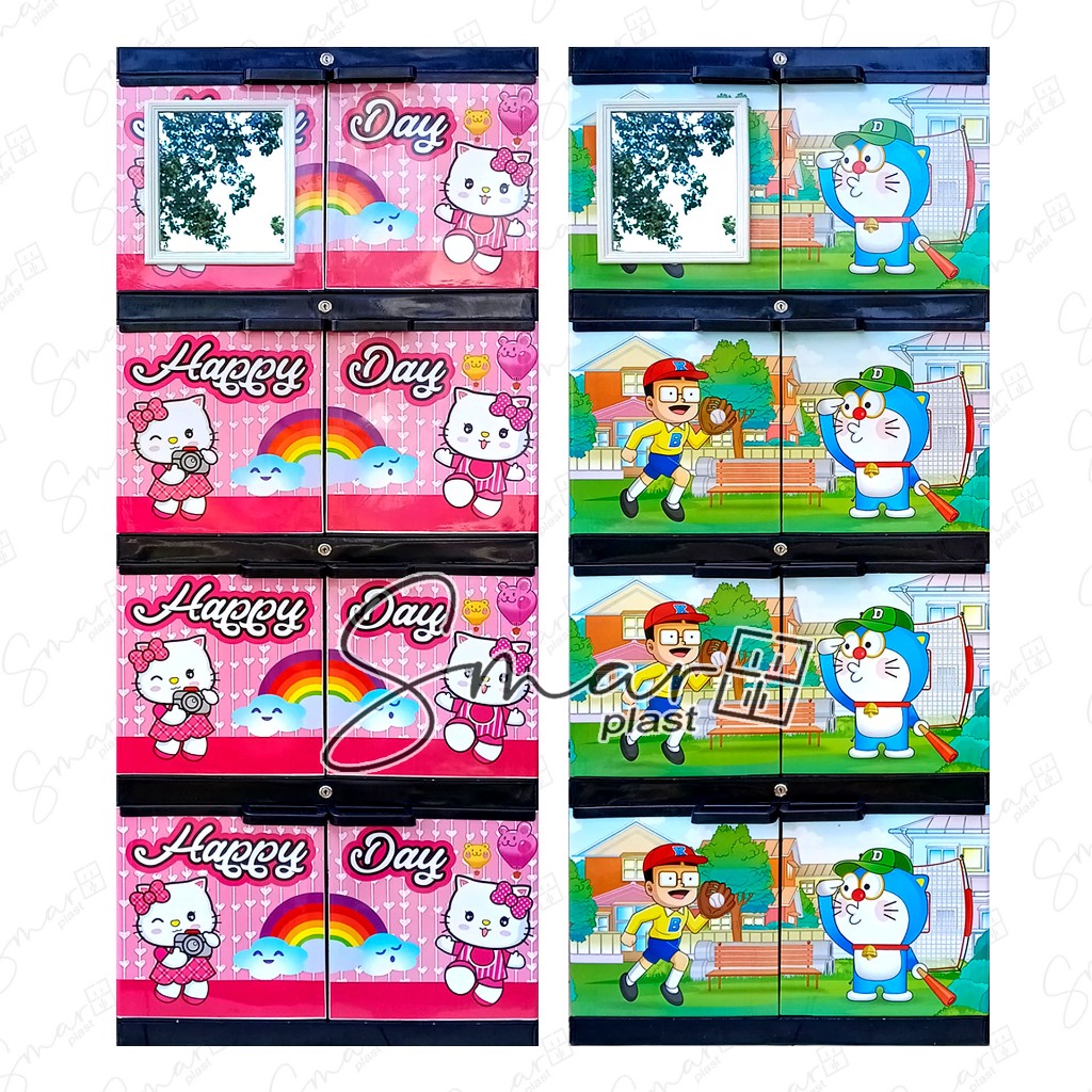 INSTANT LEMARI PLASTIK 4 SUSUN TINGKAT RAK JUMBO KARAKTER HELLO KITTY DORAEMON KACA FULL KUNCI RAK B