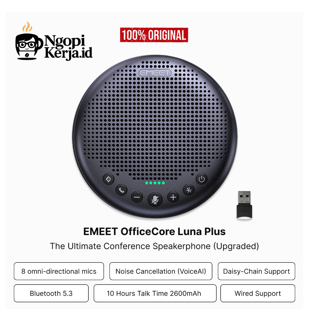 EMEET Luna Plus Speakerphone – Conference Mic Speaker dengan 8 Mikrofon, 360° Suara Omnidirectional,