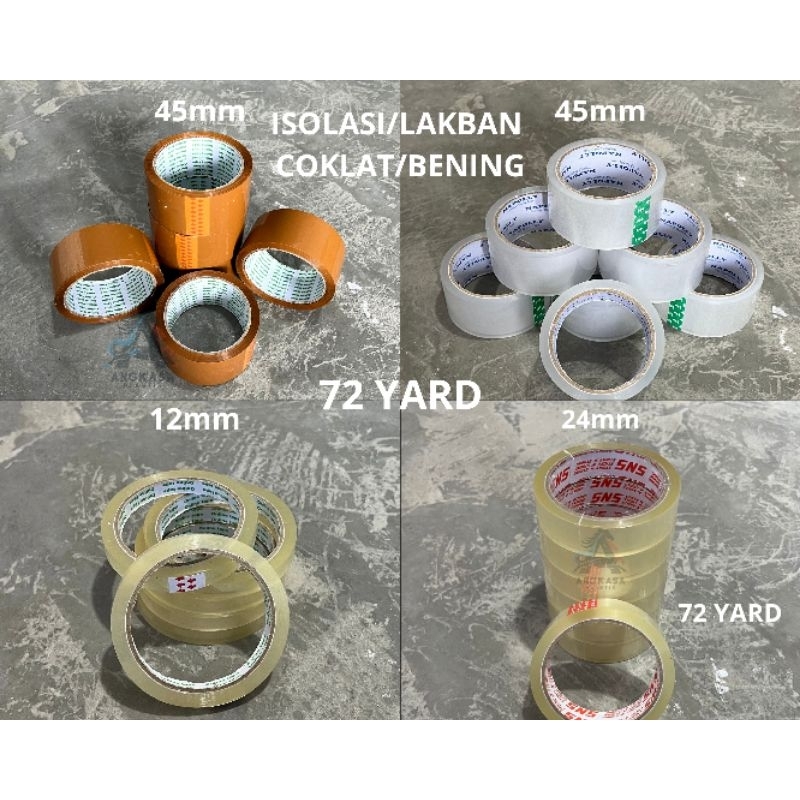 

(72 Yard) isolasi/lakban SNS 12mm 24mm 45mm / isolasi bening / lakban bening / isolasi coklat / lakban coklat / selotip bening / selotip coklat