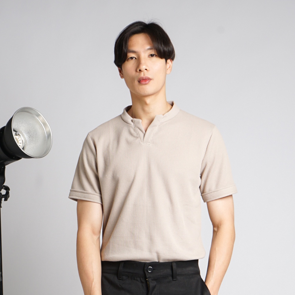 KODE T14V Nawla  Baju Atasan Pria Lengan Pendek Bahan Waffle Knit Berkerah V Neck  Kaos HM  Kaos Uni