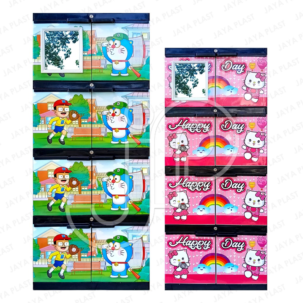 INSTANT Lemari plastik 4 susun rak pakaian jumbo karakter hello kitty doraemon kabinet kaca cermin f