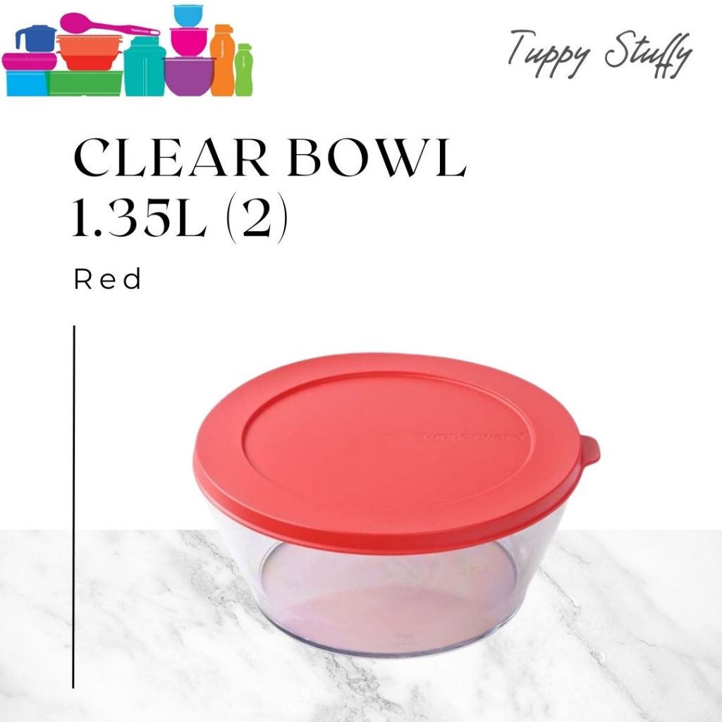 Tupperware Clear Bowl 1,35L(1)- Red| Mangkok Crystal set isi 1 ori tupperware/Wadah crystal 1,35 ori