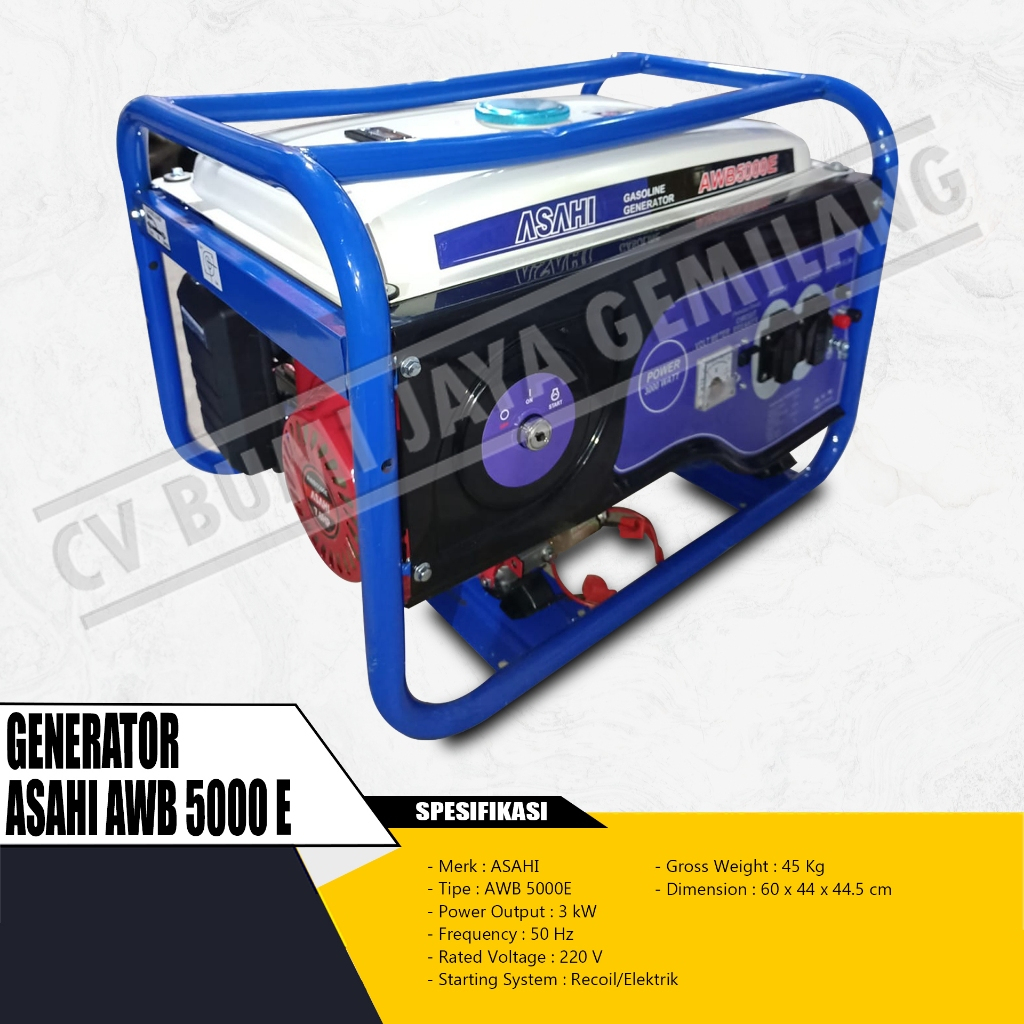 MESIN GENSET / GENERATOR ASAHI AWB 5000E ELEKTRIK STARTER AVR 3000 WATT