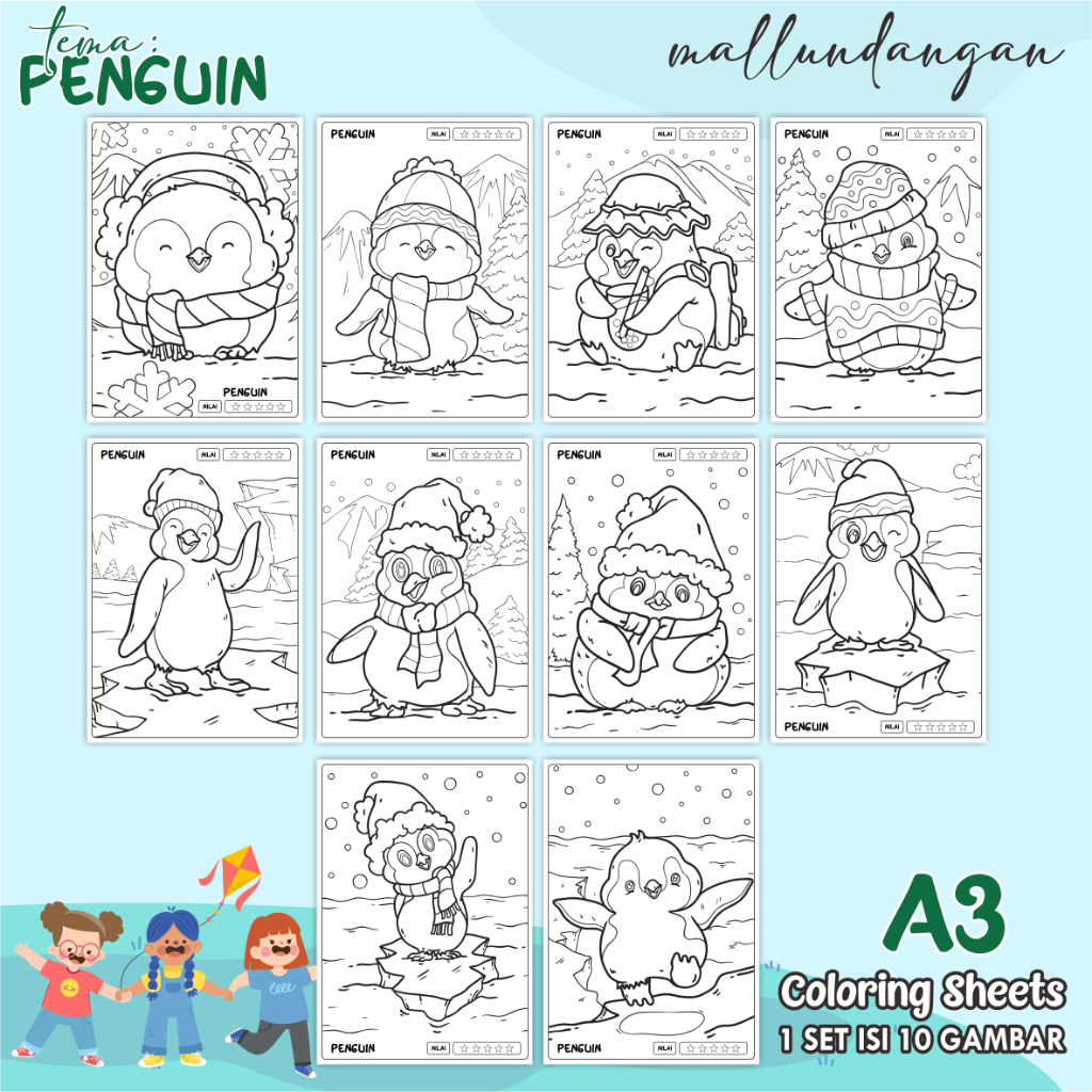 

LEMBARAN MEWARNAI ANAK A3 - TEMA PENGUIN - PAPER COLORING SHEETS FOR KIDS