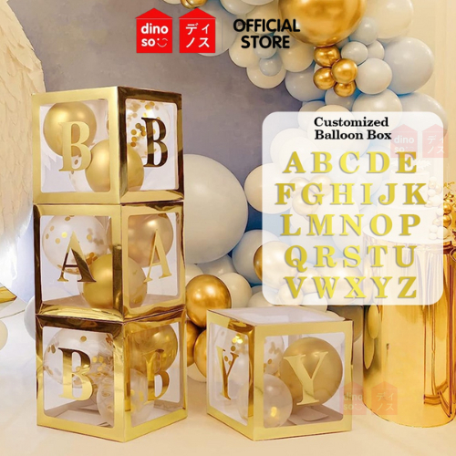 DINOSO Kotak Balon Warna Emas Transparan Ukuran 25*25cm Dengan Huruf Angka Gold Balon Box untuk Deko