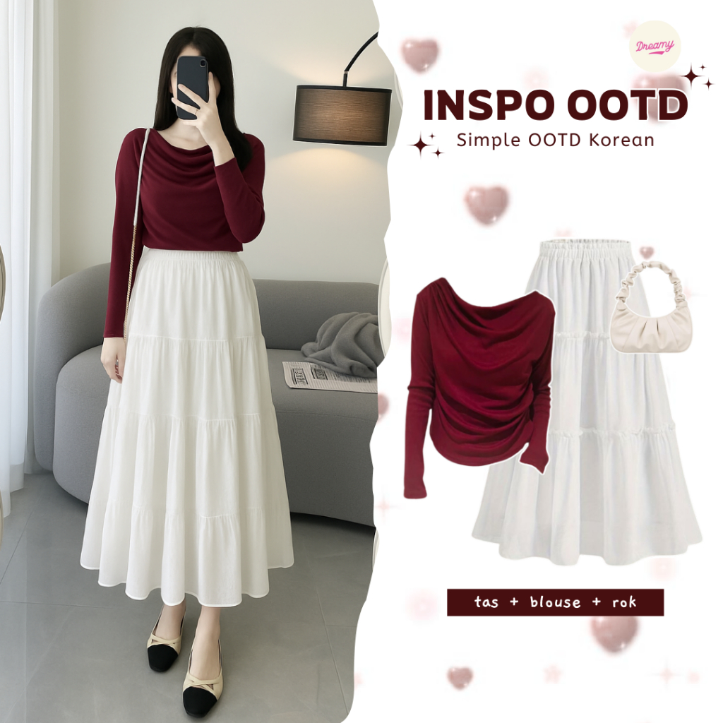dreamy - 4in1 One Set Korean Style Outfit Korean Style OOTD Ulzzang Blouse Maroon Stylish Set AA407