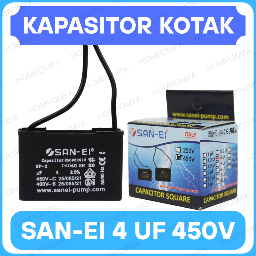 KAPASITOR CAPASITOR 4uf Mikro 450V San-Ei Kondensor Kabel Kotak 4 UF MFD - SPAREPART POMPA AIR