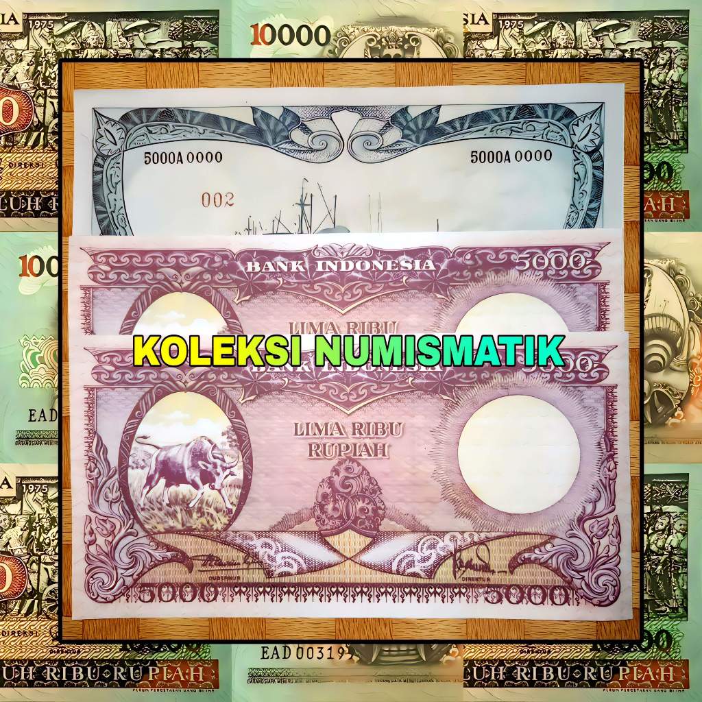 SOUVENIR REPRO UANG KERTAS KUNO INDONESIA 5000 RUPIAH SERI HEWAN BANTENG 1957