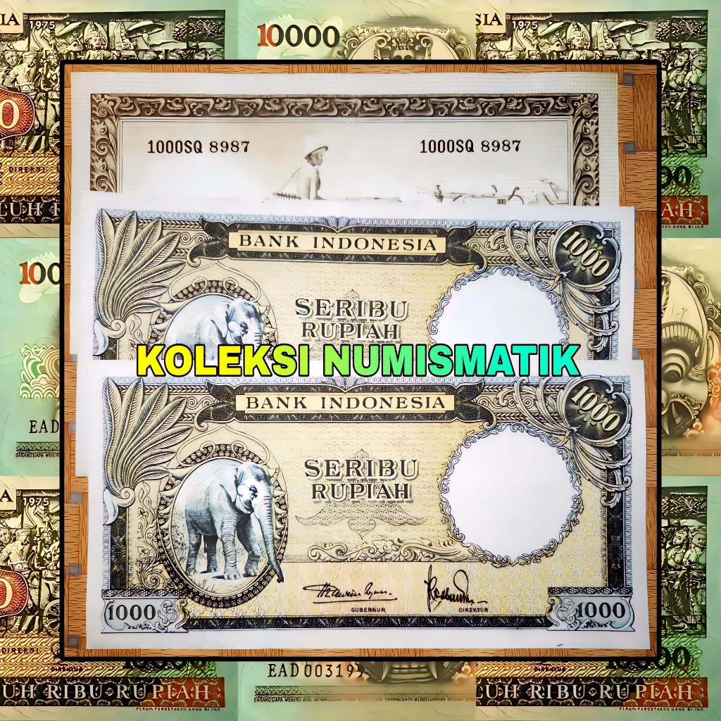 SOUVENIR REPRO UANG KERTAS KUNO INDONESIA 1000 RUPIAH SERI HEWAN GAJAH 1957