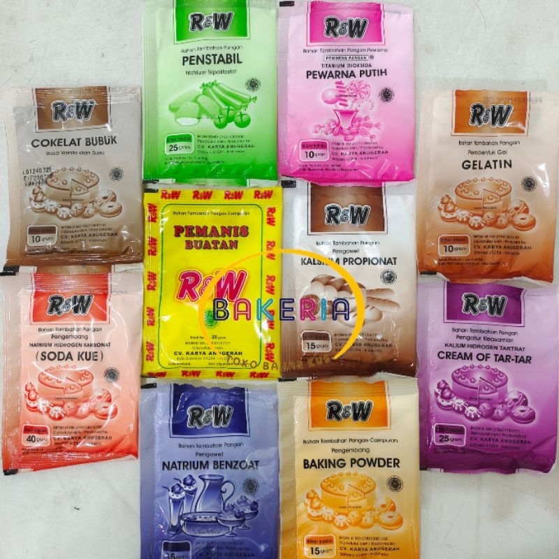 

RW Soda Kue/ Baking Powder/ Pemutih / Natrium Benzoat/ Cokelat Bubuk/ Cream of Tar/ Kalsium/ Pemanis buatan (SACHET)