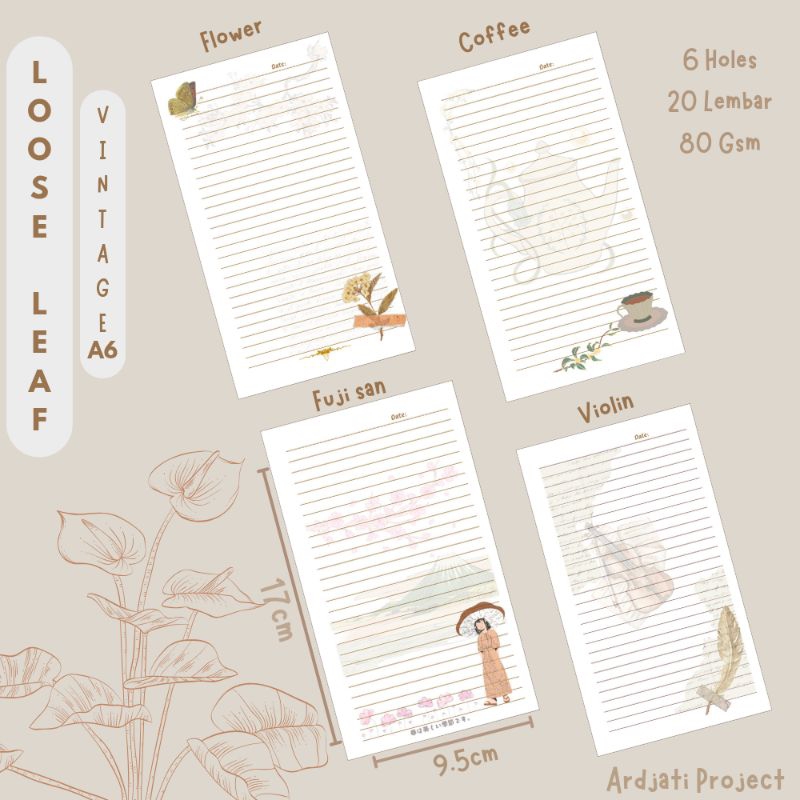 

1Pack (20 Lembar) Loose Leaf Vintage A6 80gsm | Kertas isi Binder Aesthetic tema Vintage Journaling Paper Scrapbook
