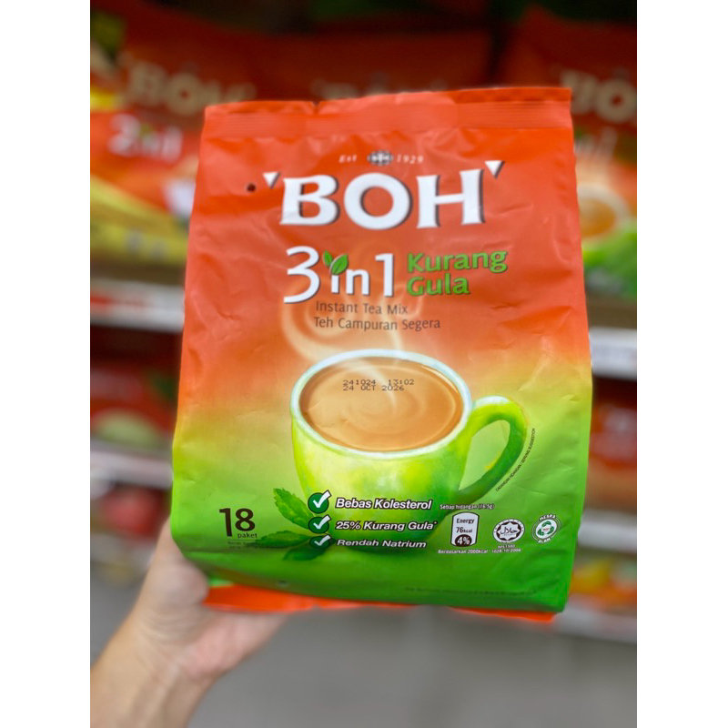 

boh 3in1 teh instant kurang gula isi 18 sachet / vanilla / caramel flavour isi 15 sachet 285gr