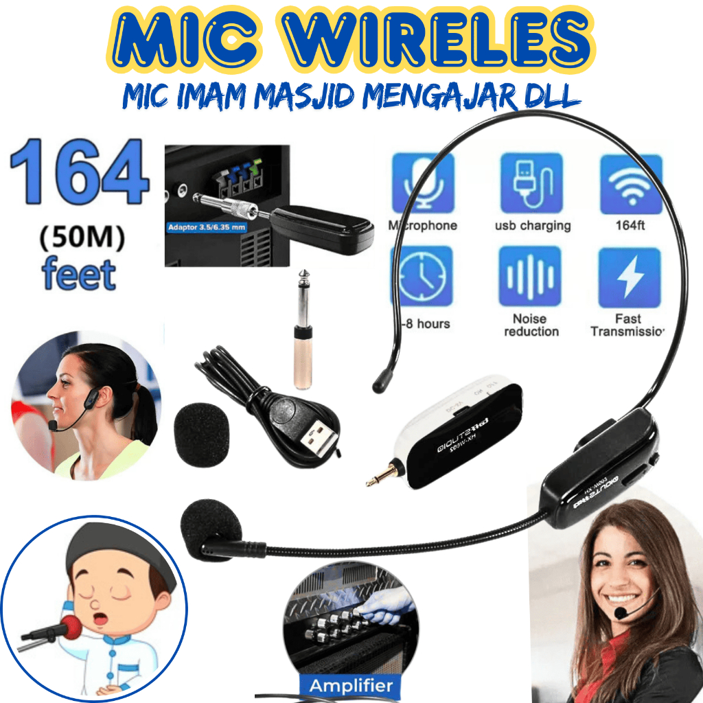 PUCUK TAFFSTUDIO MIKROPON MIC BANDO WIRELES IMAM MASJID MENGAJAR KARAOKE HEADSHET LCD  UHF HX W002