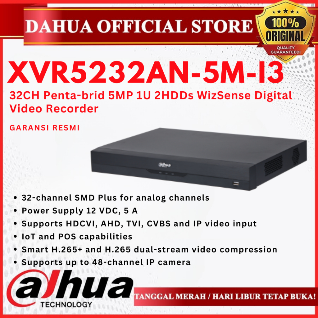 DAHUA DVR 32 Channel 5MP DH-XVR5232AN-5M-I3 XVR 32CH 2 Slot HDD