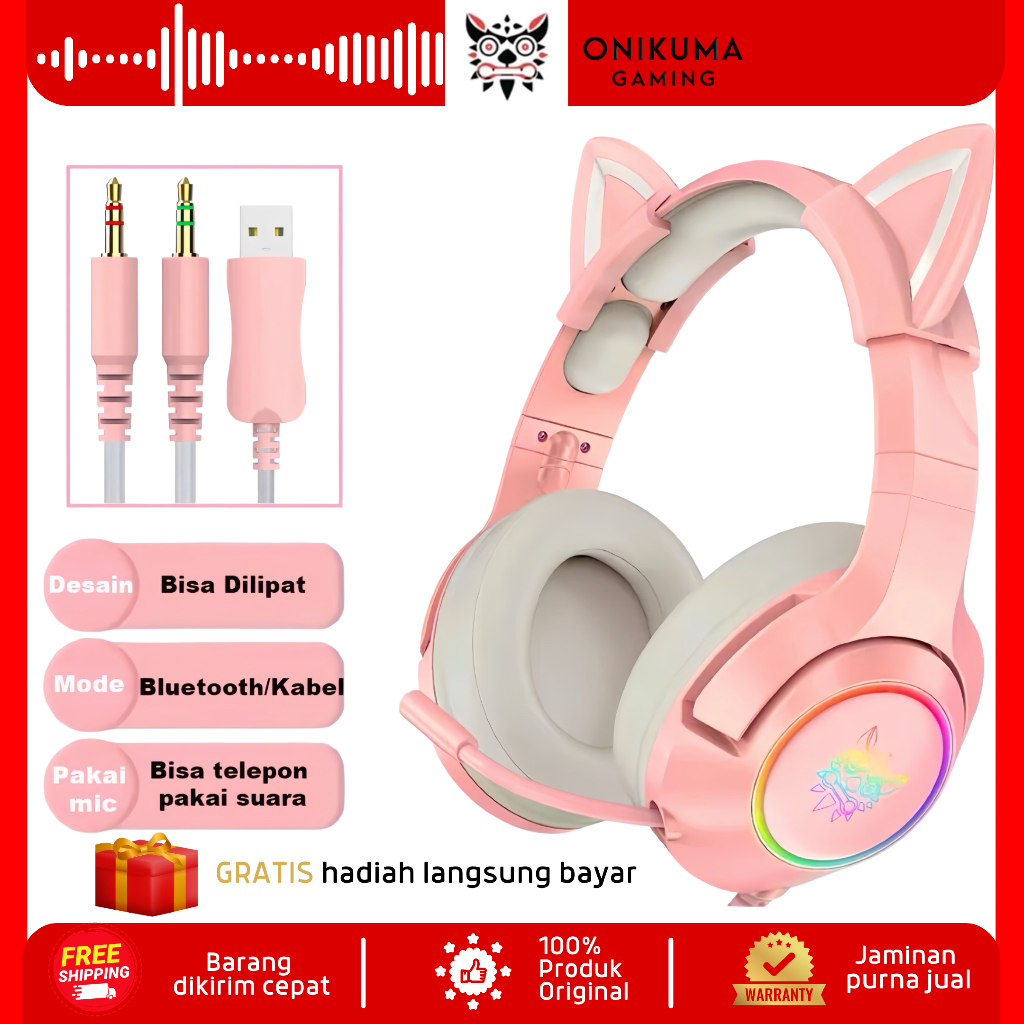 Headphone Onikuma K9 - Model Telinga Kucing Viral, Kabel + Mic Lipat & Lampu RGB untuk Gaming/Musik