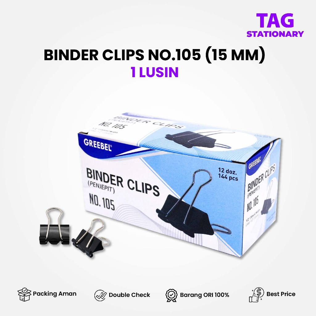 

GREEBEL Binder Clip / Penjepit Kertas Besar Kecil 105 (15MM) 1 LUSIN/ Klip Kertas Penjepit Dokumen