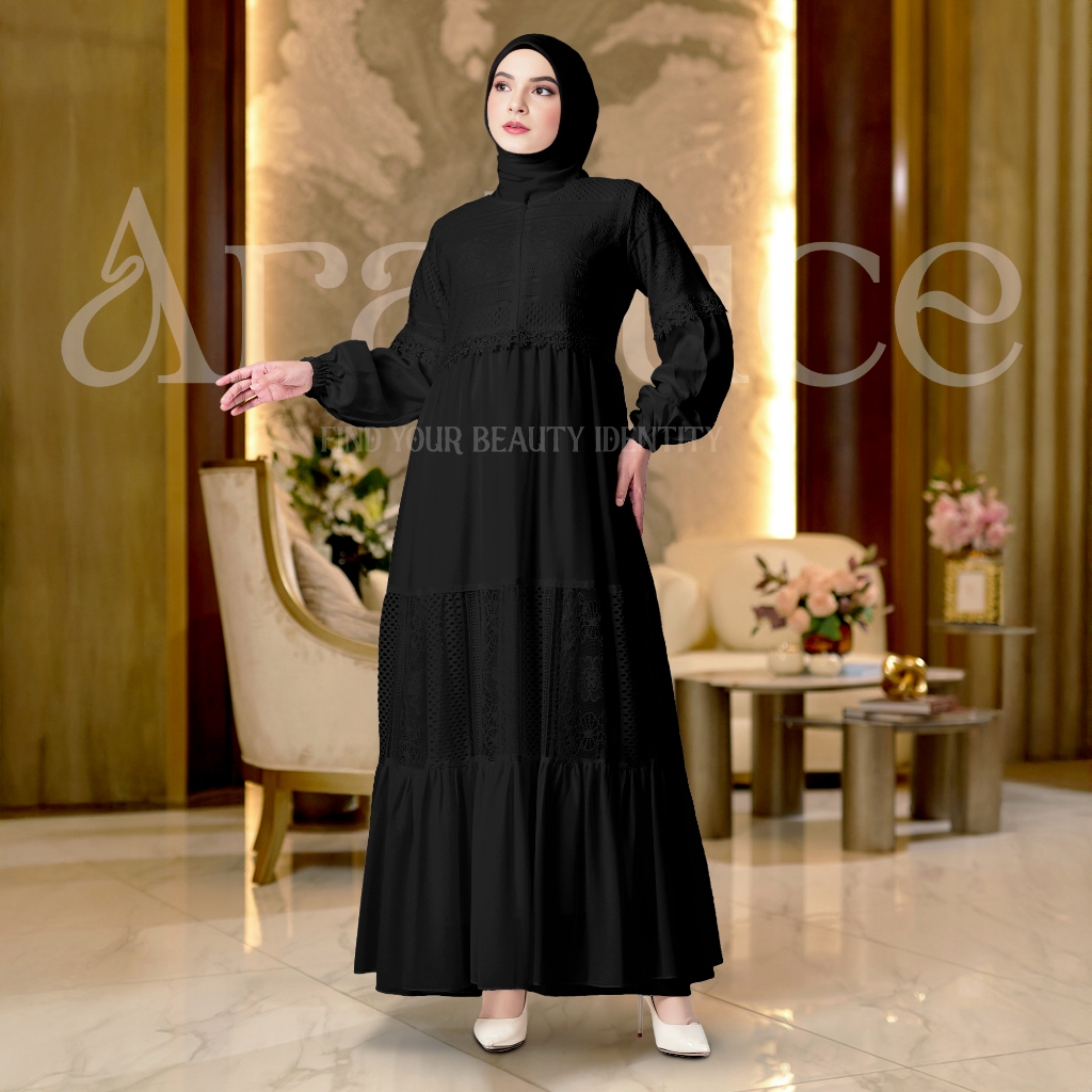 Aralluce Gamis Brokat Hitam Mewah Elegan Arl-048 Dress Kondangan Mewah Simpel Untuk Remaja & Ibu