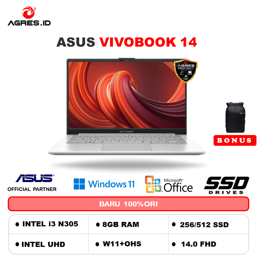 ASUS VIVOBOOK GO 14 E1404GA I3 N305 8CORE 8GB 256GB/512GB W11+OHS 14.0FHD BLK -FHD321