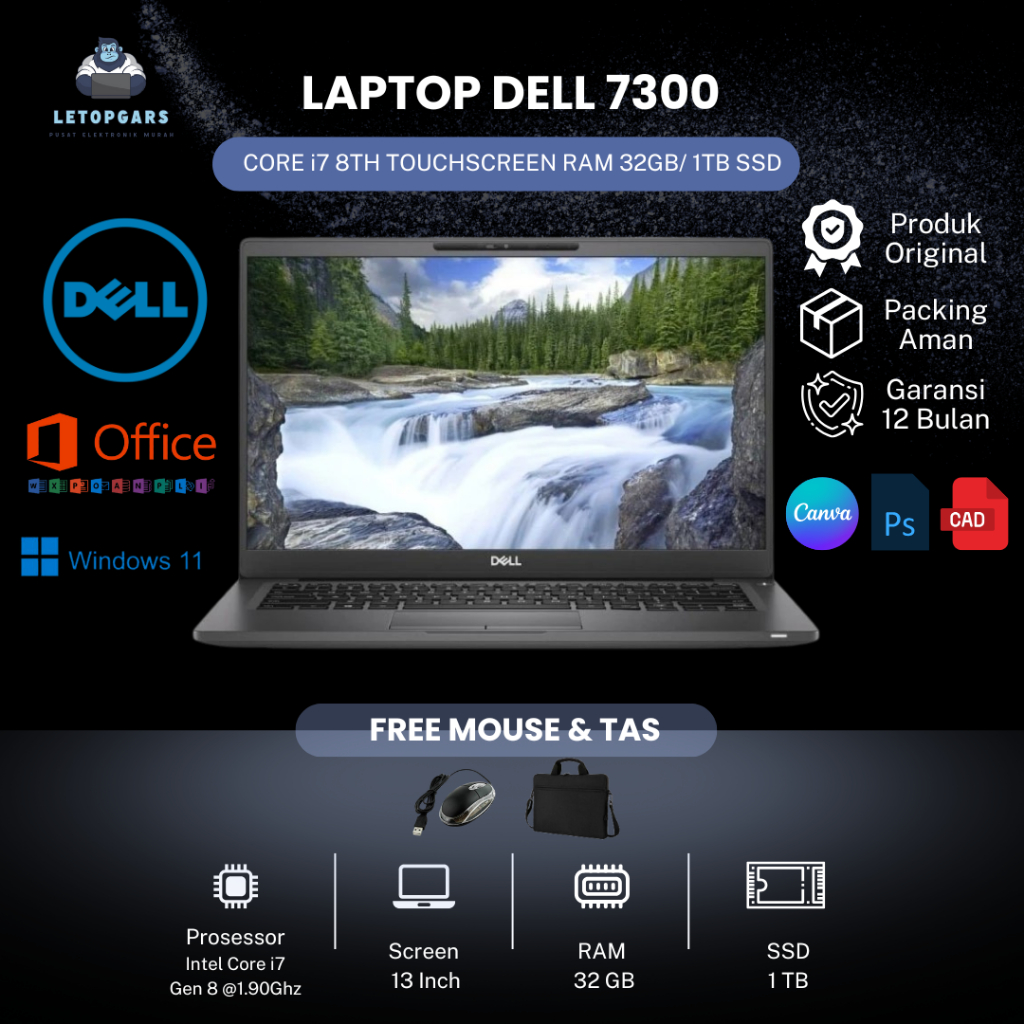 DELL LATITUDE 7300 CORE i7 8TH TOUCHSCREEN RAM 16GB/ 1TB SSD Free Tas Mouse