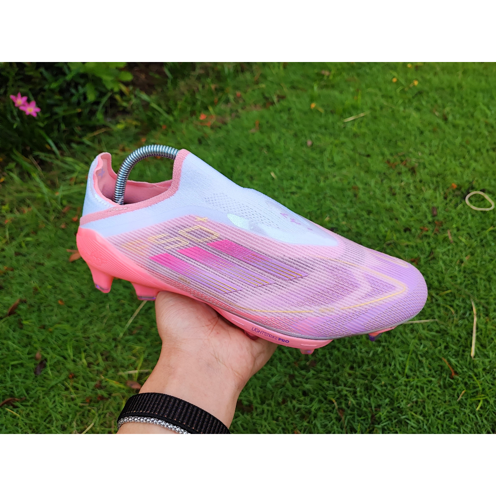[Best Seller] Sepatu Bola F50+ Laceless Tanpa Tali Lamine Yamal FG - Clear Pink Purple Glow Light Pi