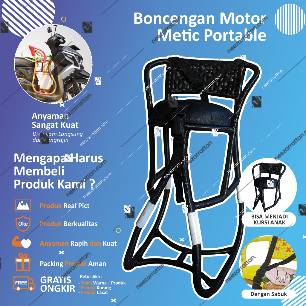 Jok Kursi Portable Boncengan Anak Rotan Motor Matic, Bebek Cowok Cewek Rotan BLACK