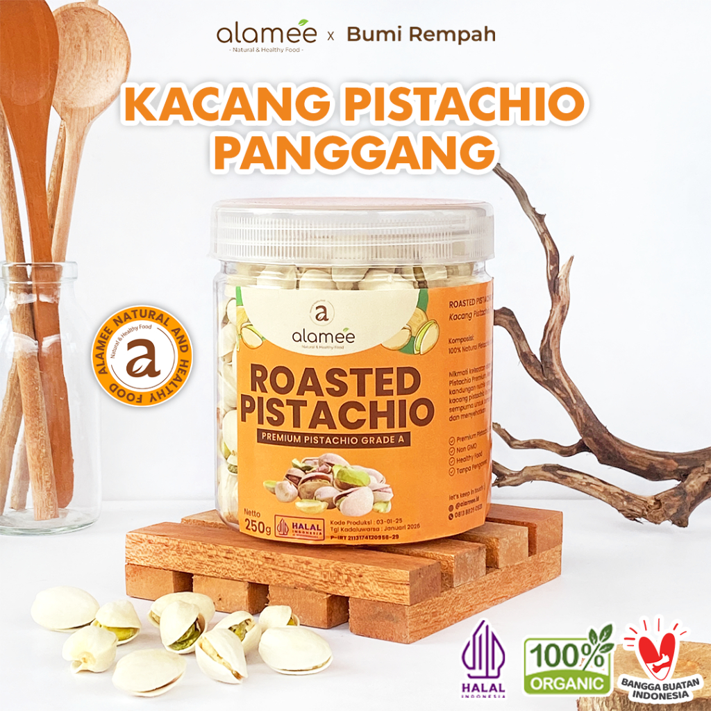 

ALAMEE Kacang Pistachio Pistacio Panggang Fustuk Roasted Premium Organic Dalam Cangkang Renyah 250g