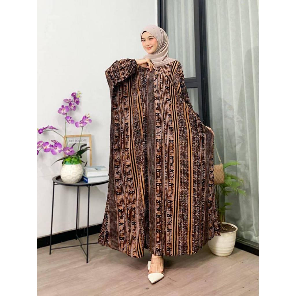 Pamela Kaftan Rayon Jumbo - Dress Kaftan Batik Motif Cap Printing Encim Busui Lengan Panjang Kaftan 