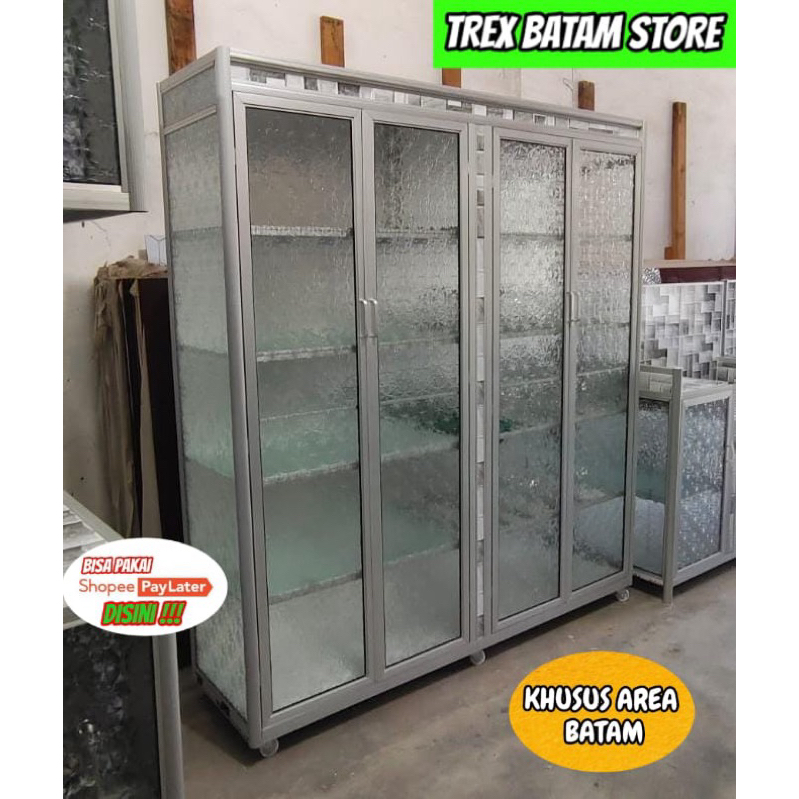 LEMARI PIRING / LEMARI SERBAGUNA ALUMINIUM 4 PINTU FULL KACA BOX KAKI RODA [ BATAM ]