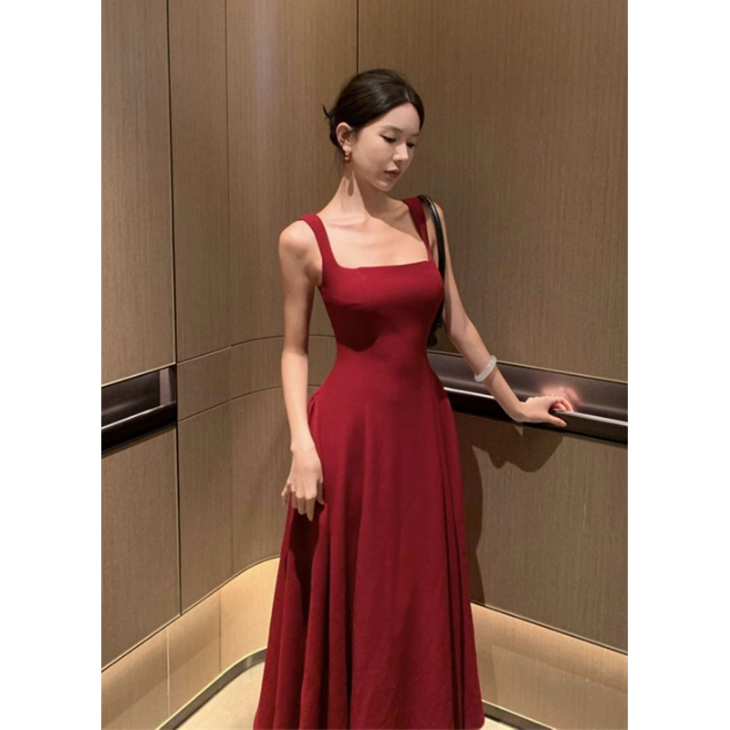 Elegant and Modern Long Flared Party Dress Gorgeous Chinese Style Square Neck Dress Christmas Red Dr