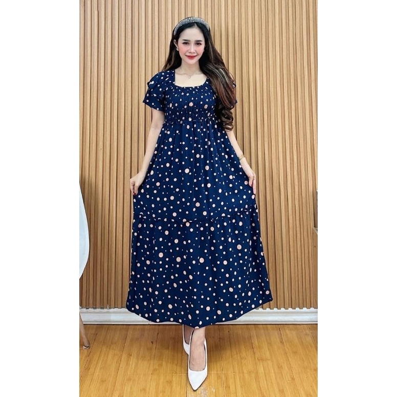 Gaun Dress Smok Polkadot Lengan PendekDress Smok RayonDress Susun Rempel KODE F7S4