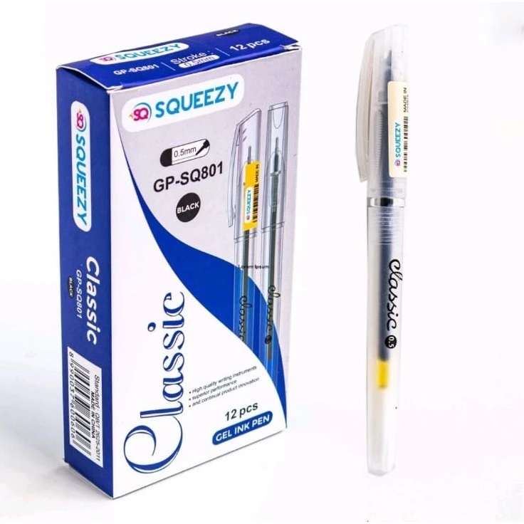 

( 1 Box 12 Pcs ) Pulpen Gel Squeezy GP-SQ801 Classic 0.5 mm / Pena Tinta Gel Hitam Murah Anti Macet